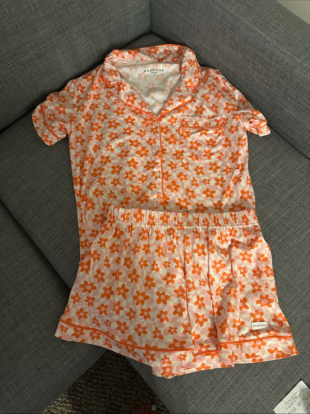 Rampage Juniors Orange and White Floral Short Pajama Set